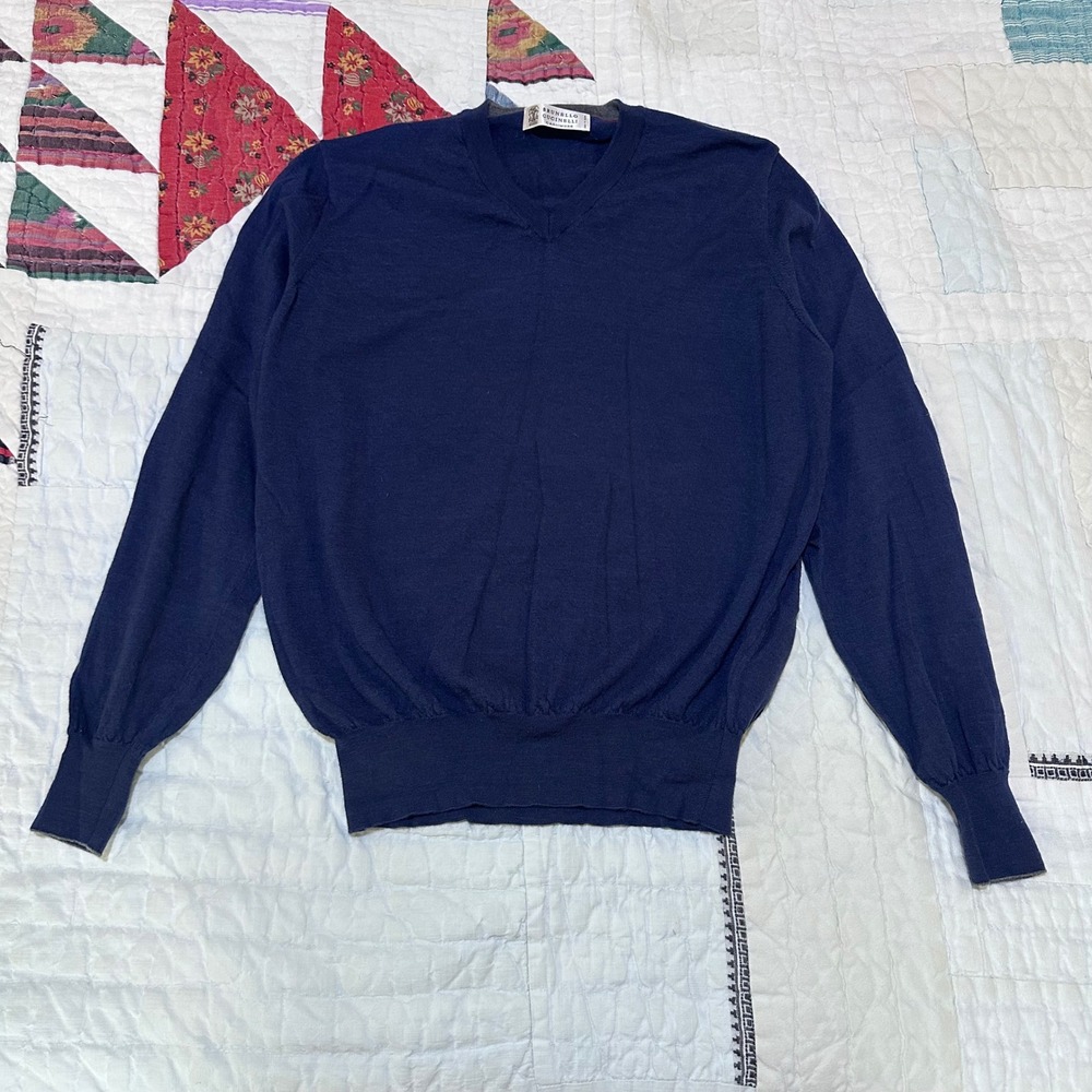 Brunello Cucinelli V-Neck Sweater Navy Blue Wool Cashmere Size 50 Made in Italy